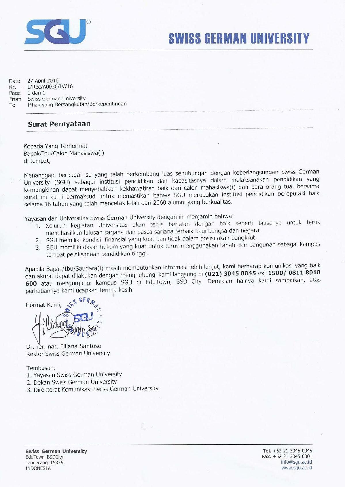 Official Statement from SGU Rector - Swiss German University