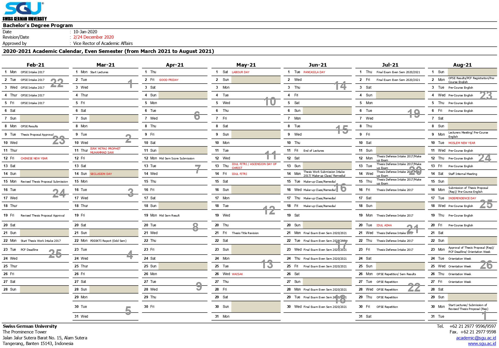 Academic Calendar Swiss German University