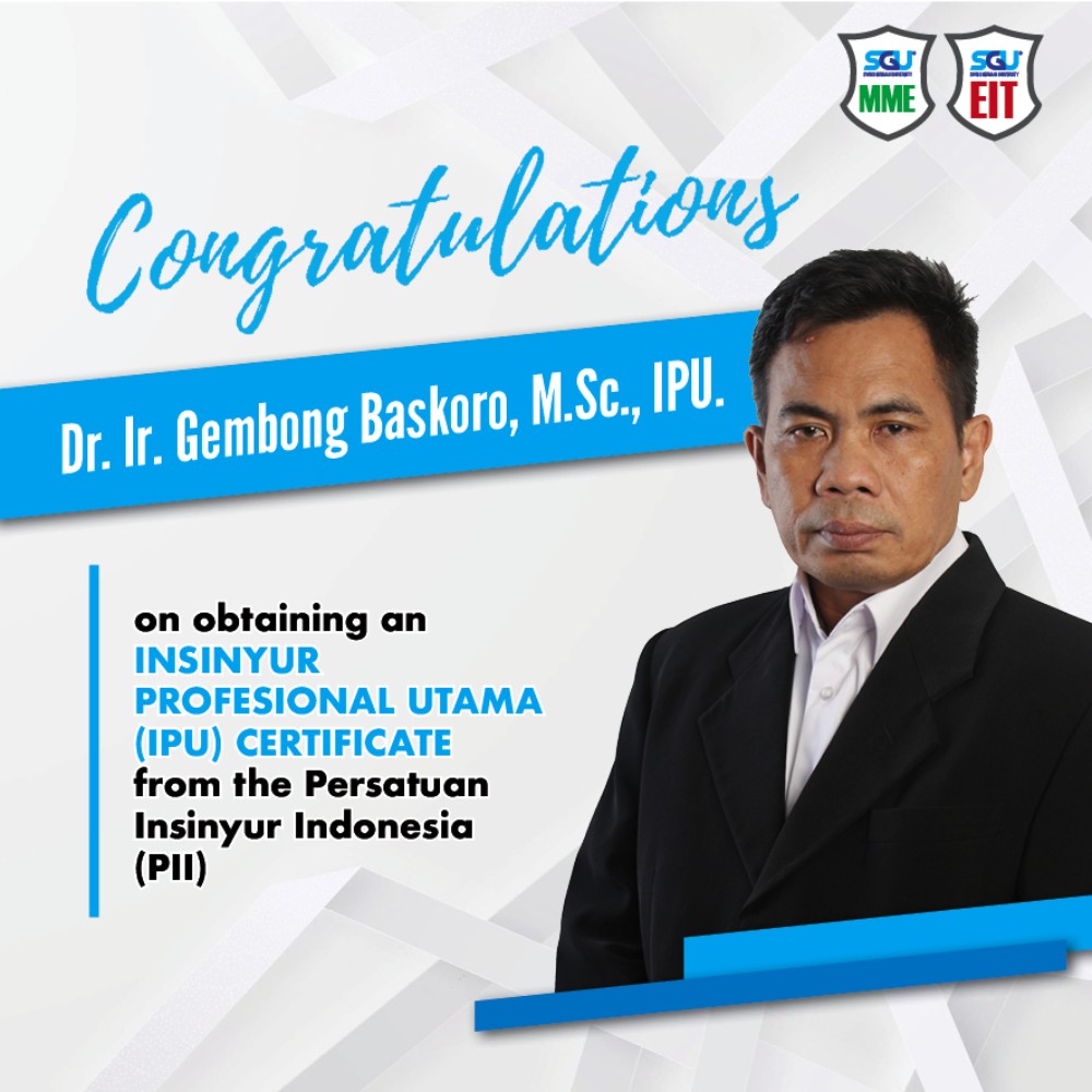 Dosen Master of Mechanical Engineering SGU Terima Seritifikat Insinyur Profesional Utama (IPU) dari Persatuan Insinyur Indonesia (PII)